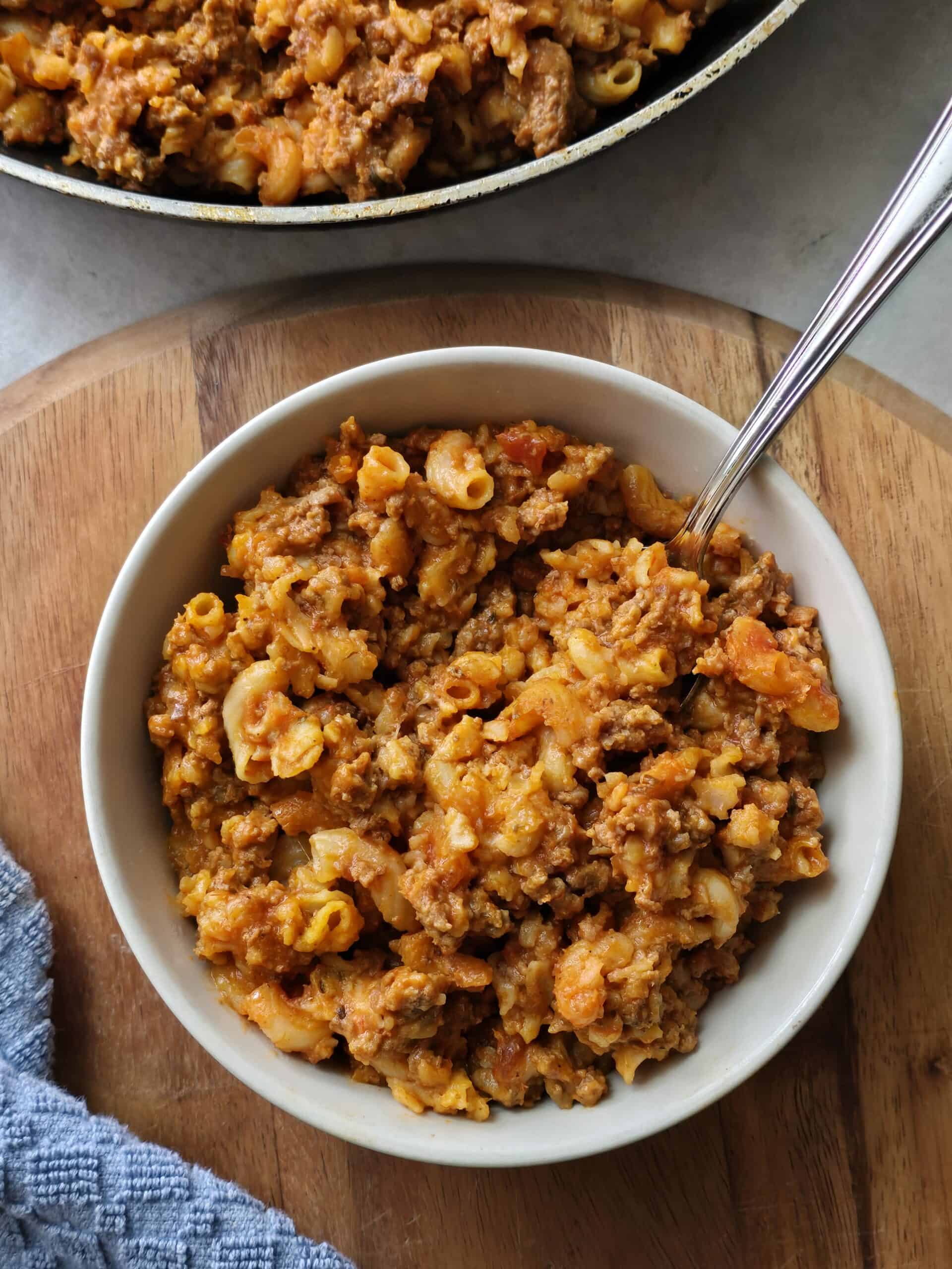 Homemade gluten free Hamburger Helper served in a bowl with creamy beef and pasta
