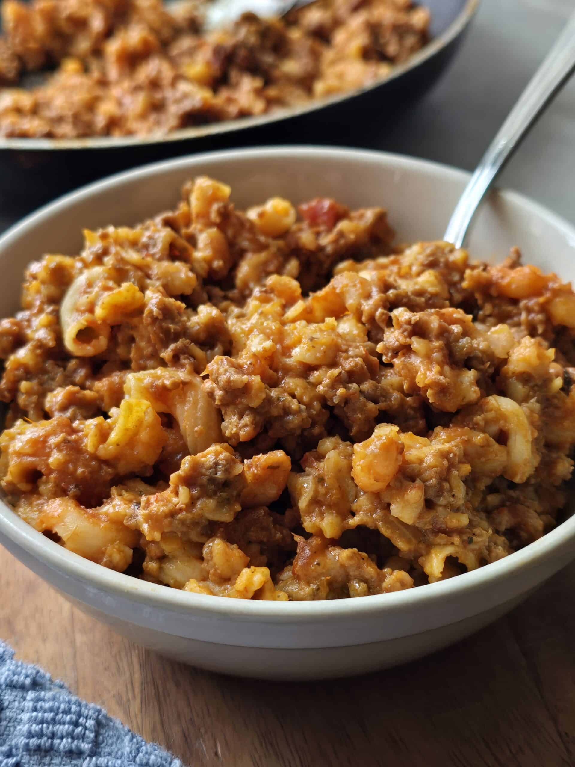 Gluten free Hamburger Helper made from scratch with ground beef, pasta and cheddar cheese