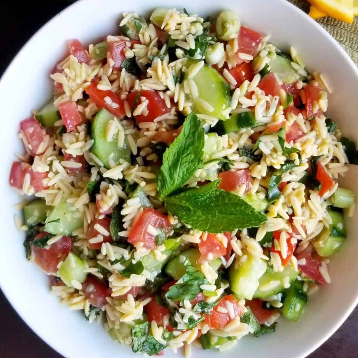 Gluten-free plant-based lemon mint orzo salad with chickpea rice, cucumber, red pepper, scallions, and fresh lemon dressing
