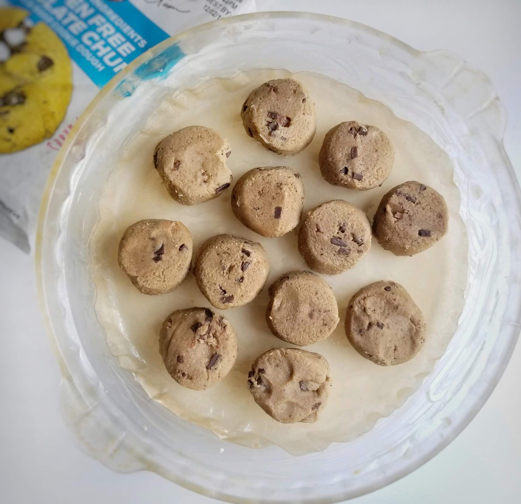 Sweet Loren's cookie dough pressed into a pie pan for gluten free cookie cake