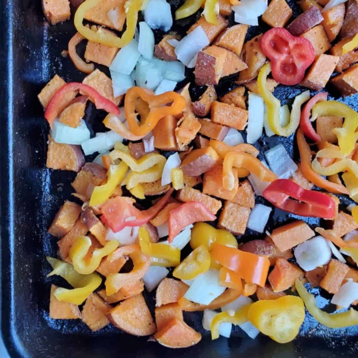 sweet potato hash recipe with peppers and onions.