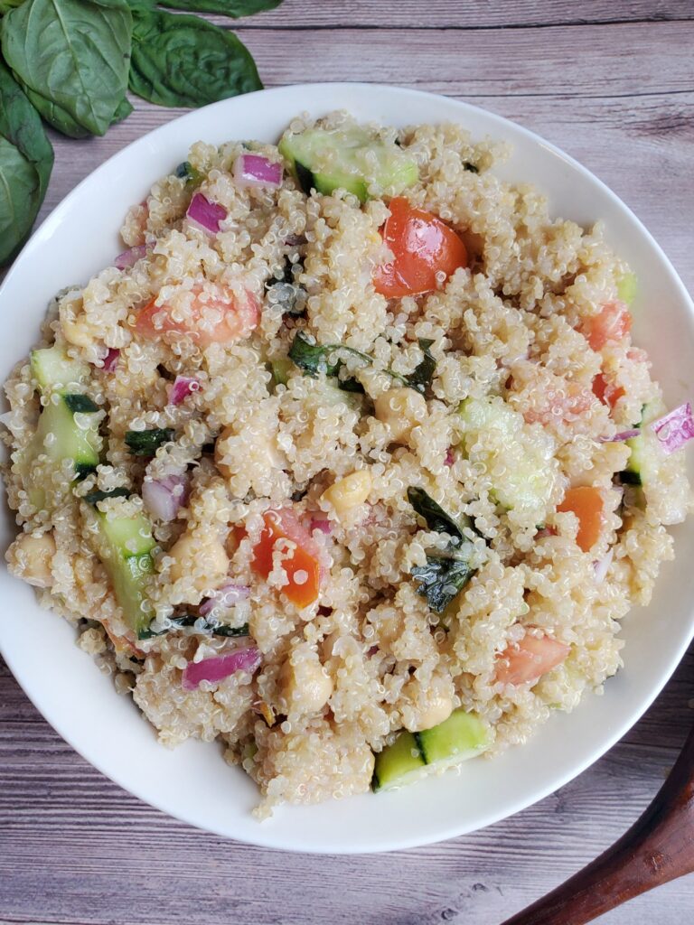 gluten-free vegan quinoa salad with basil chickpeas