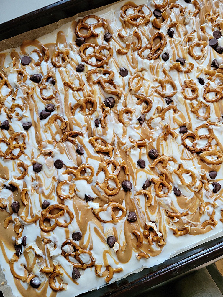 sweet and salty frozen yogurt bark recipe with peanut butter, pretzels and chocolate chips