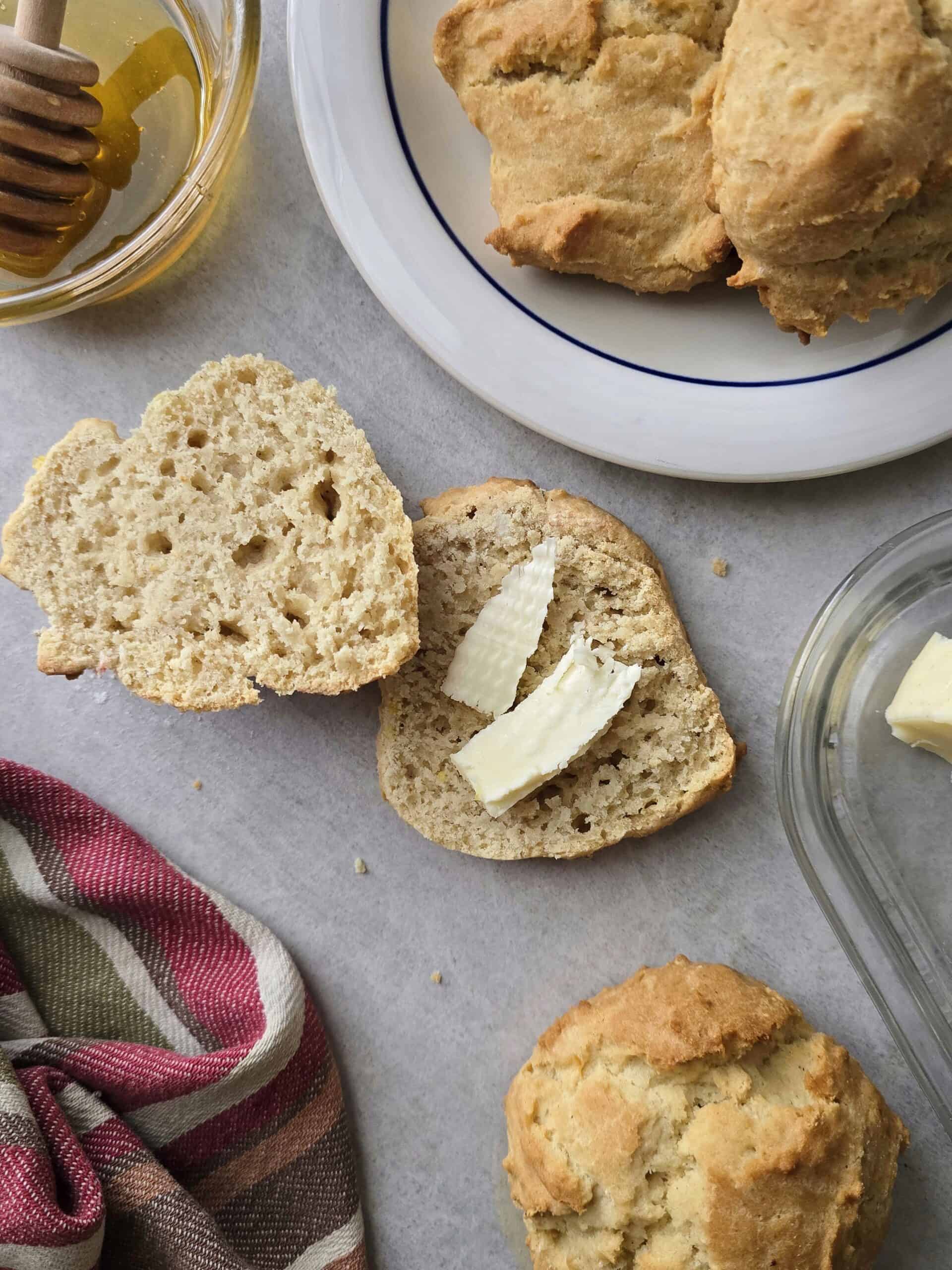 Gluten-free drop biscuits served warm with butter and honey