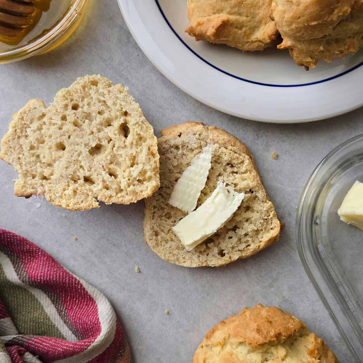 Baked gluten-free drop biscuits with a fluffy interior and crisp edges