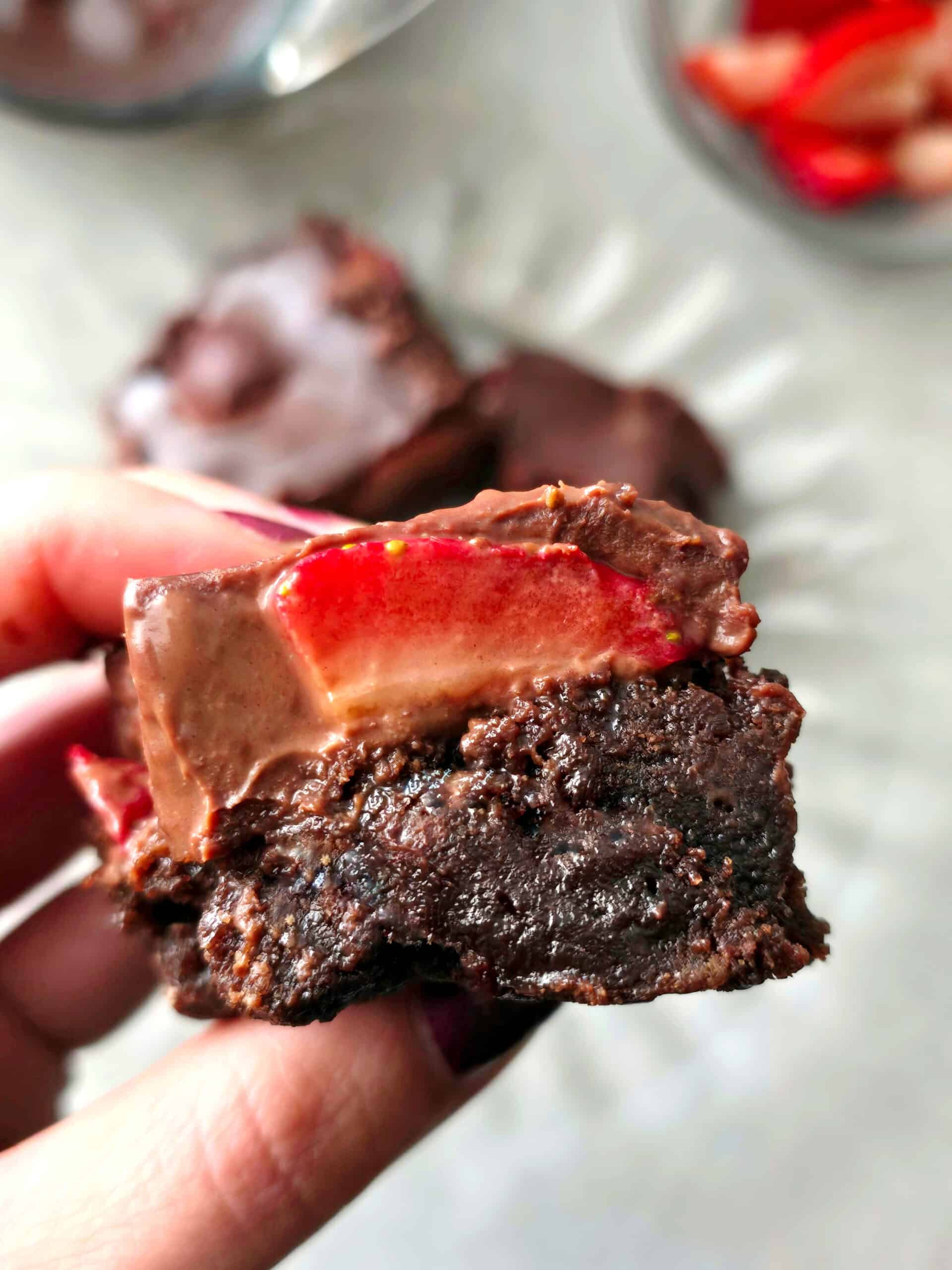 Gluten free chocolate covered strawberry brownies served for dessert