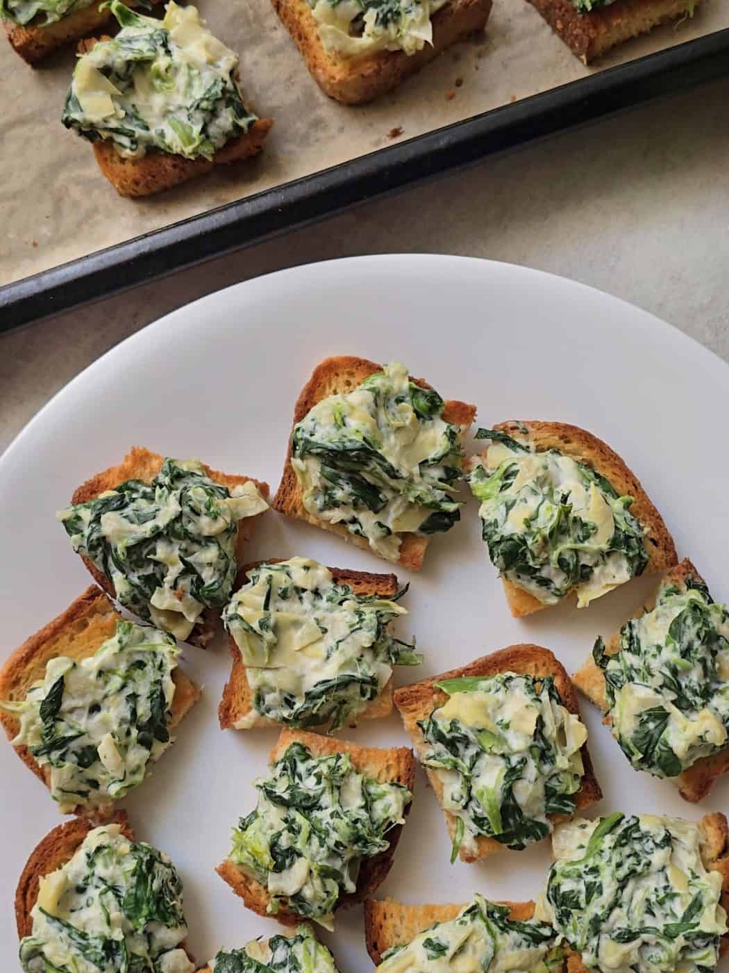 Spinach artichoke crostini made with gluten free sourdough