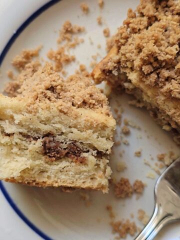 Slice of gluten free cinnamon swirl coffee cake showing soft fluffy texture and cinnamon layers